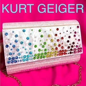KURT GEIGER  Rainbow Crystal embellished clutch on chain White mother of pearl
